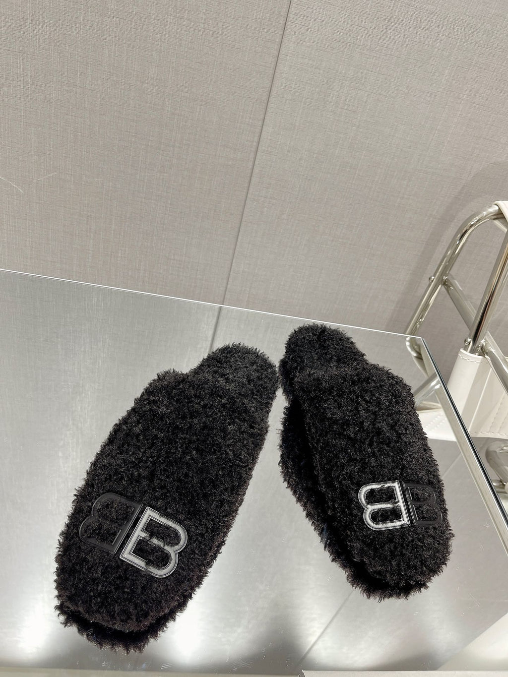BALENCIAGA 25S MULES IN BLACK WOOL WITH LOGO