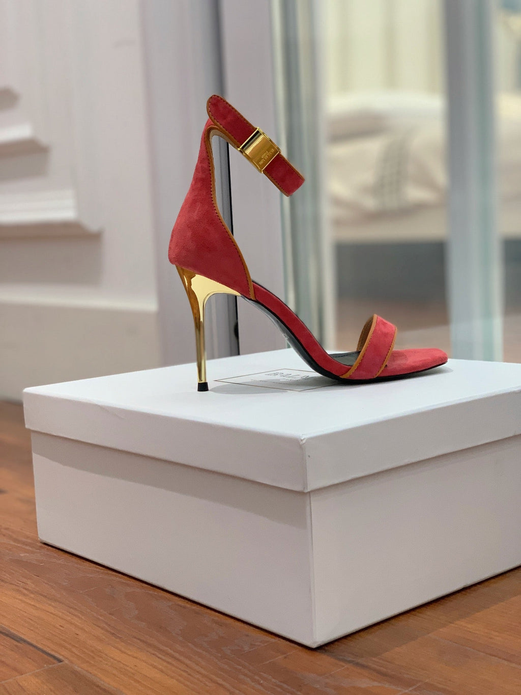 BALMAIN 25S UMA HEELED SANDALS 105MM IN RED SUEDE GOLD HARDWARE