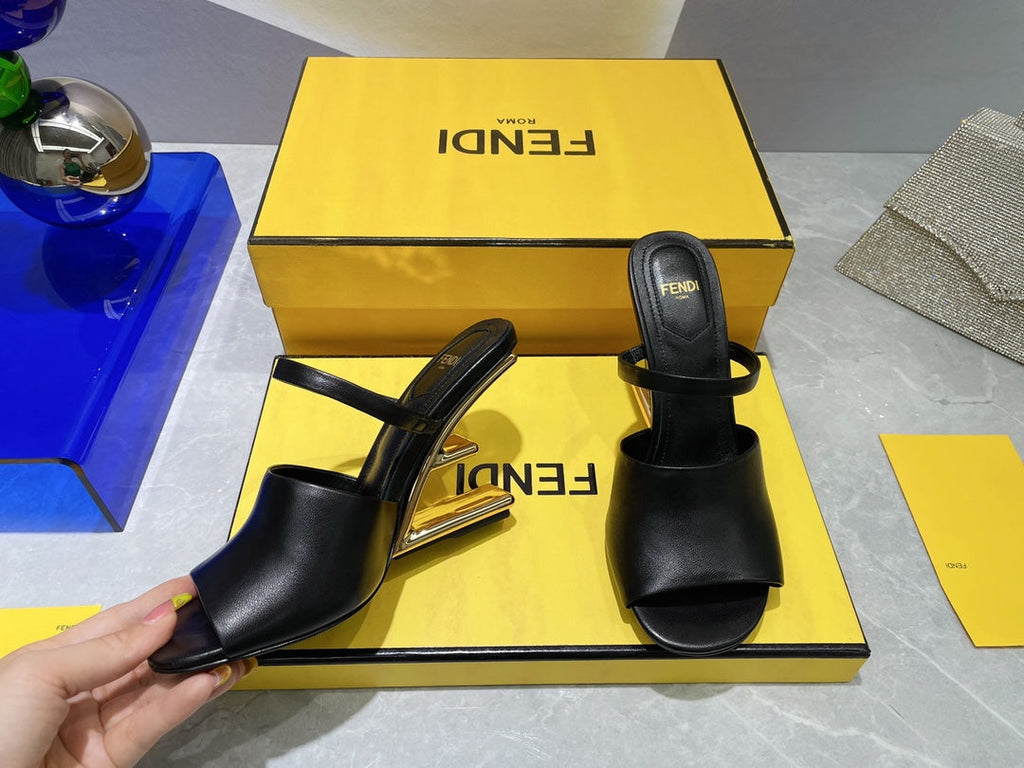 FENDI FIRST 95 MM HIGH-HEELED SANDAL IN BLACK LAMBSKIN GOLD HARDWARE