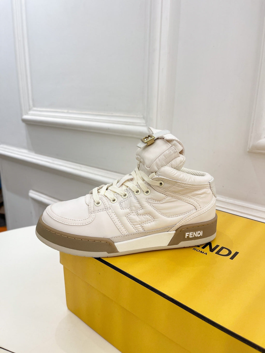 FENDI LOGO SOCK SNEAKER BOOTS IN WHITE LAMBSKIN
