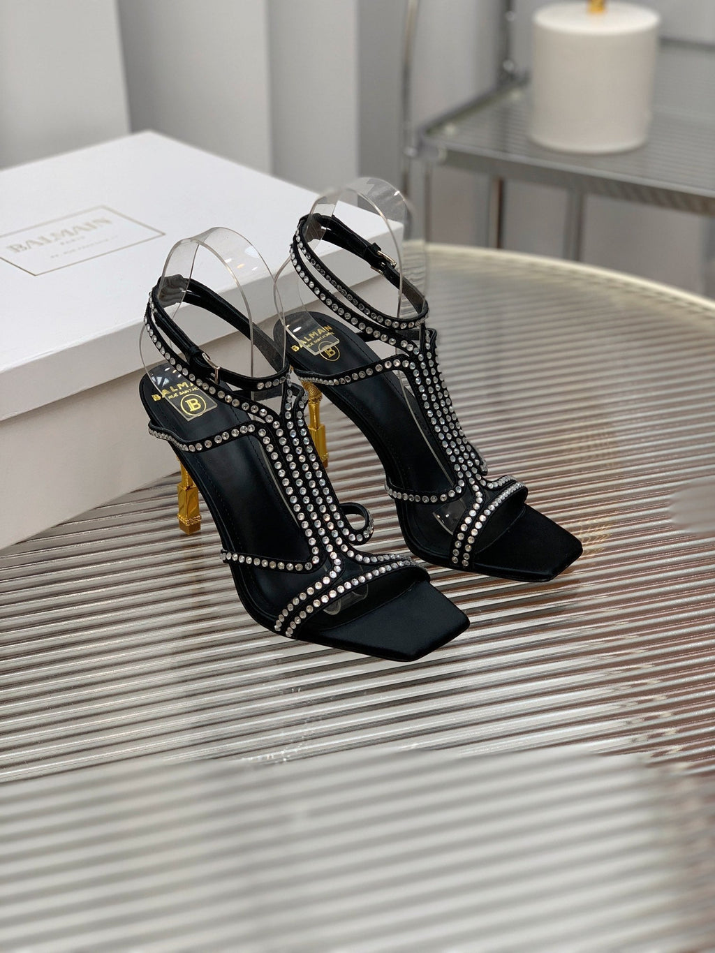 BALMAIN 25S MONETA SANDAL 95MM IN BLACK CALFSKIN WITH CRYSTAL