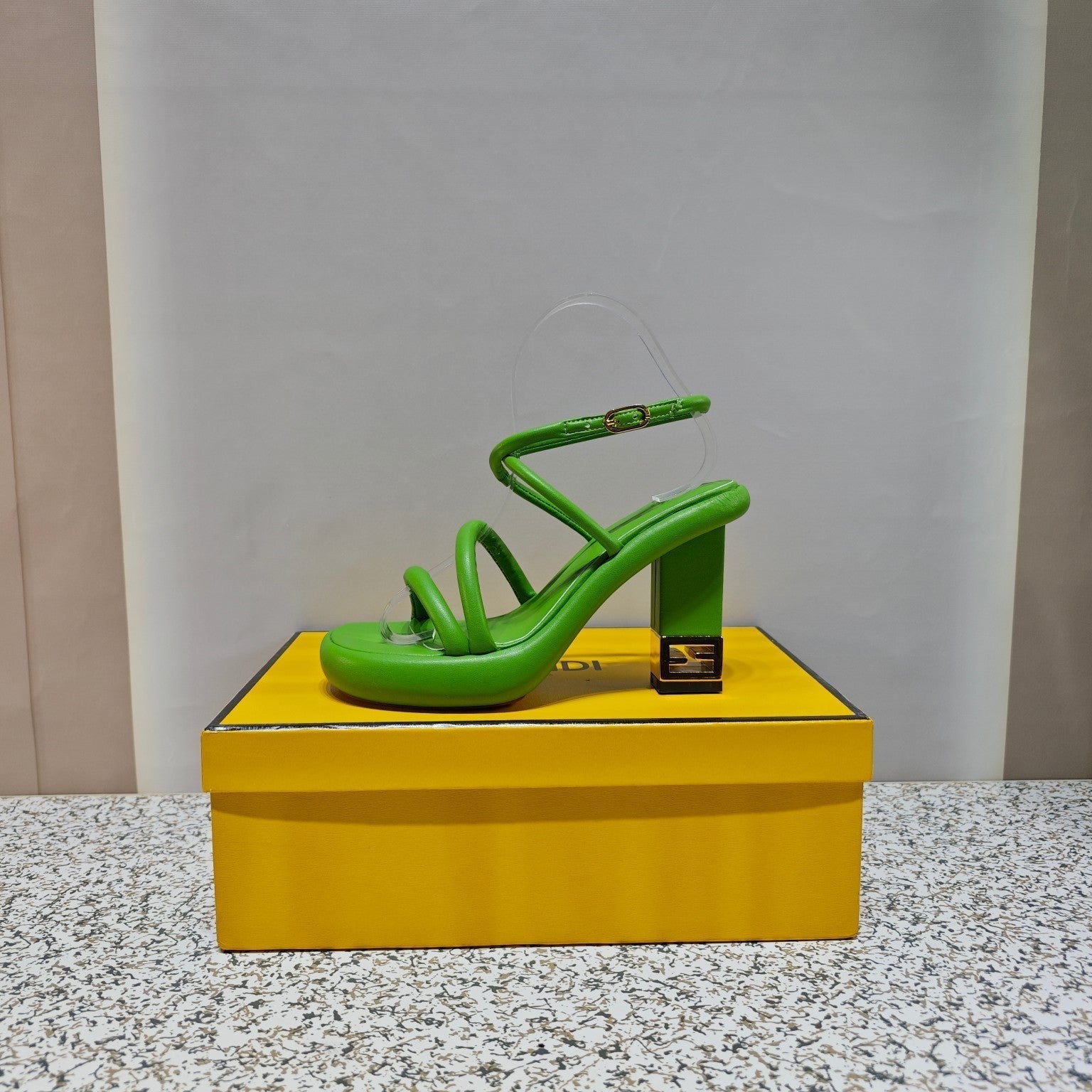 FENDI CHUNKY HIGH-HEELED SANDAL IN SHAMROCK GREEN CALFKIN WITH GOLD HARDWARE