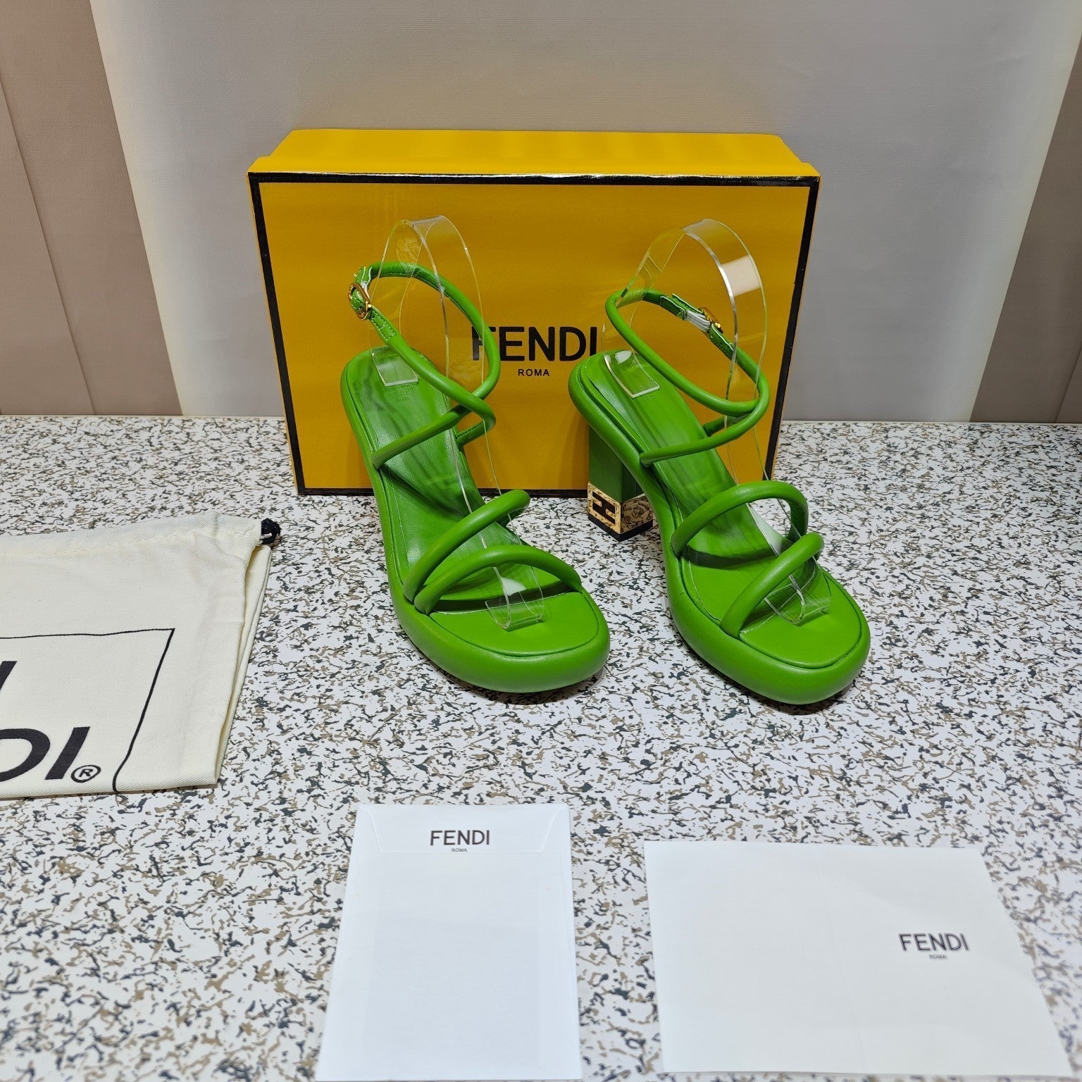FENDI CHUNKY HIGH-HEELED SANDAL IN SHAMROCK GREEN CALFKIN WITH GOLD HARDWARE