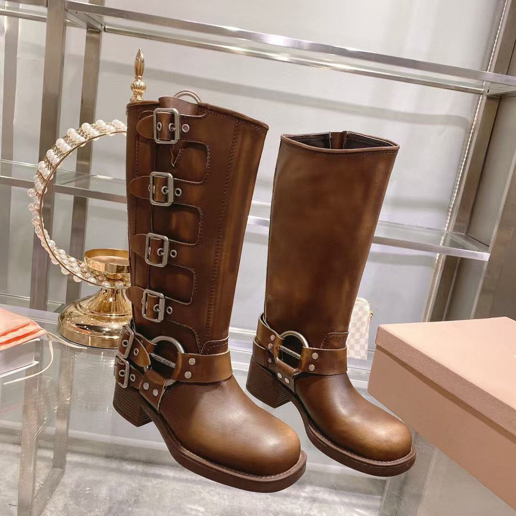 THICK-SOLED BUCKLE BOOTS IN BRORN CALFSKIN