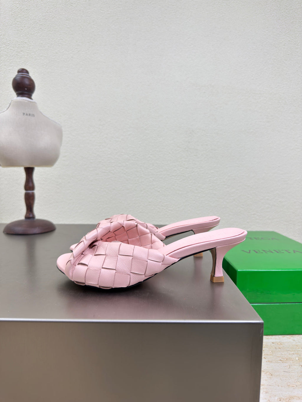 BOTTEGA VENETA BLINK HIGH 5 CM MULE IN LIGHT PINK INTRECCIATO LEATHER
