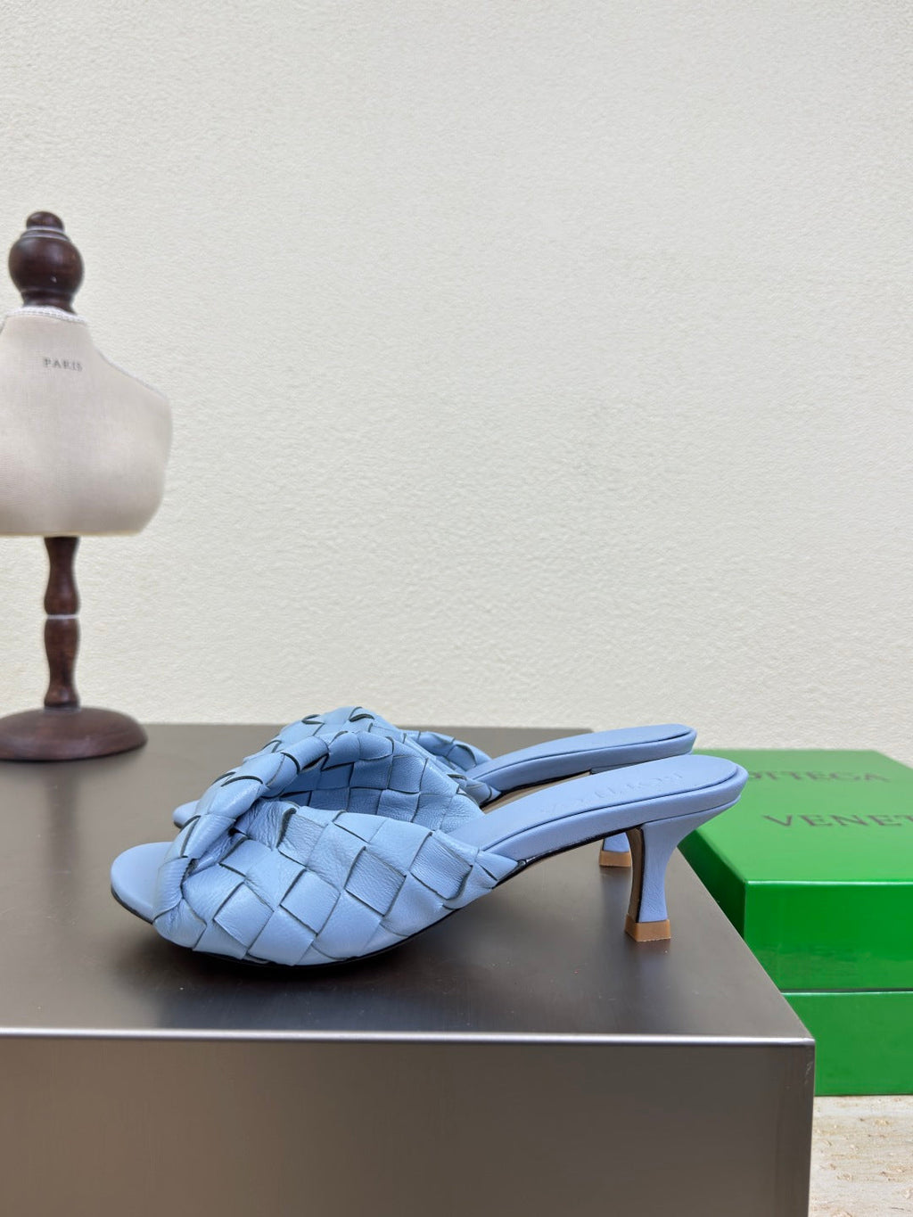 BOTTEGA VENETA BLINK HIGH 5 CM MULE IN CERULEAN BLUE INTRECCIATO LEATHER