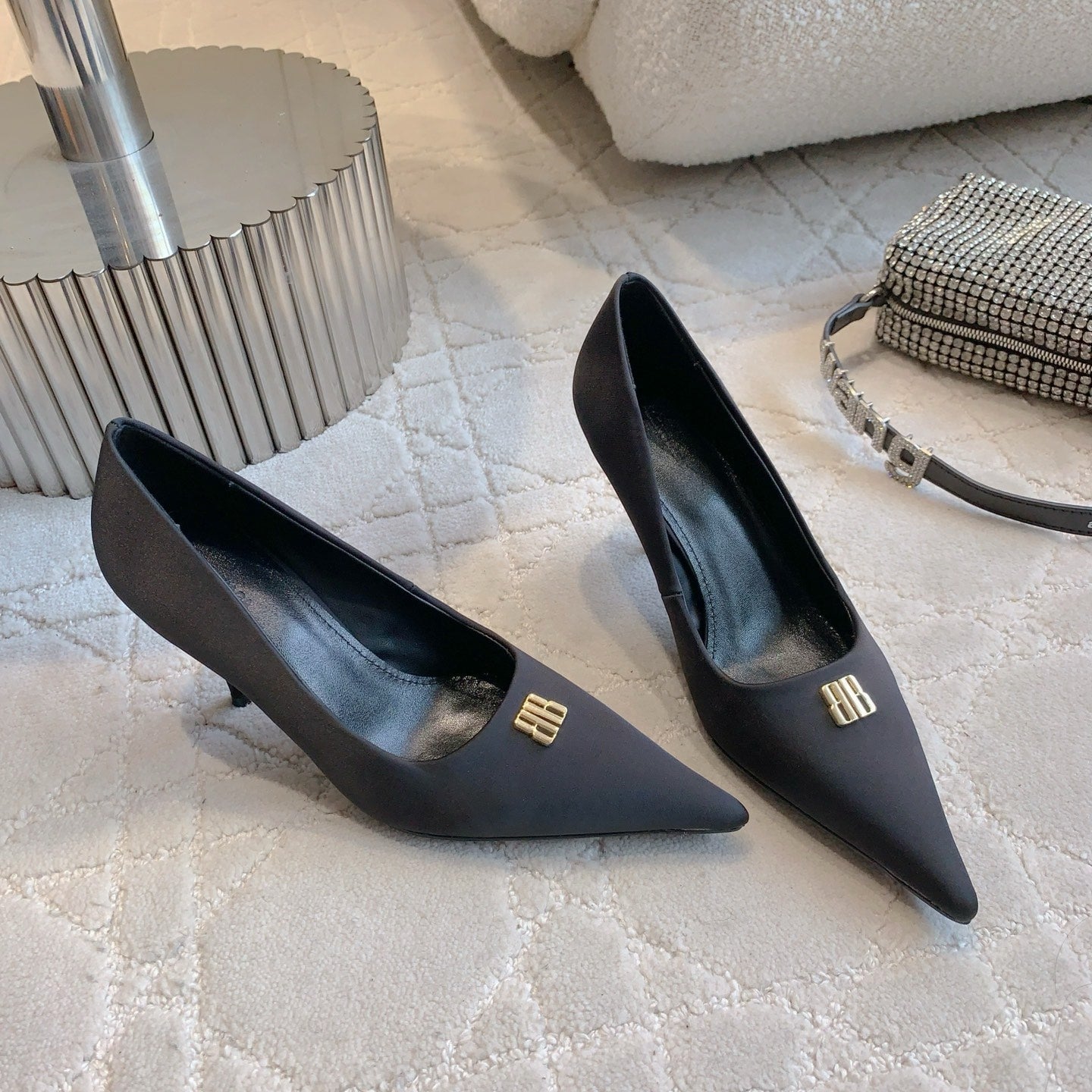 BALENCIAGA 25S POINTED-TOE HIGH HEELS 70 MM IN BLACK SATIN WITH GOLD HARDWARE