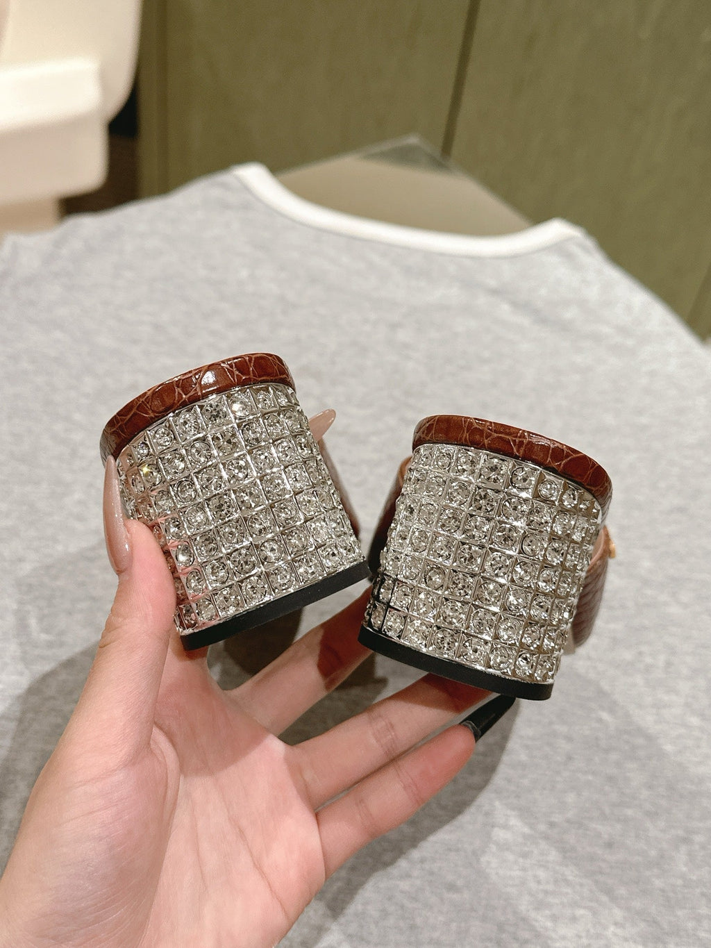 JEWELLED HEEL 55 MULE SANDALS IN RUSET BROWN CALFSKIN