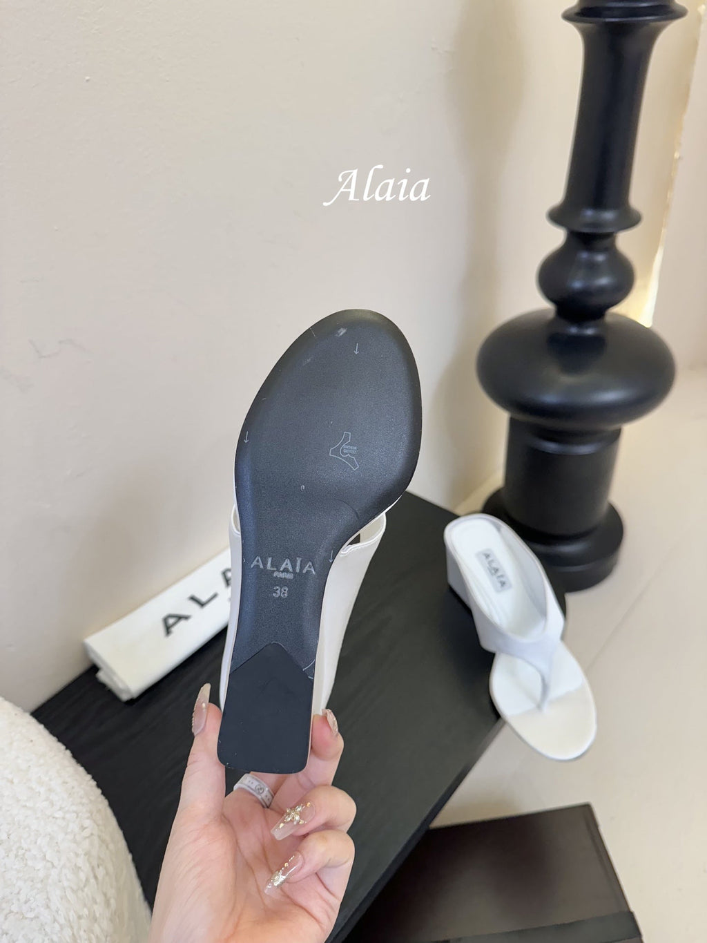 ALAIA WEDGE THONG SANDALS 25S IN WHITE SATIN
