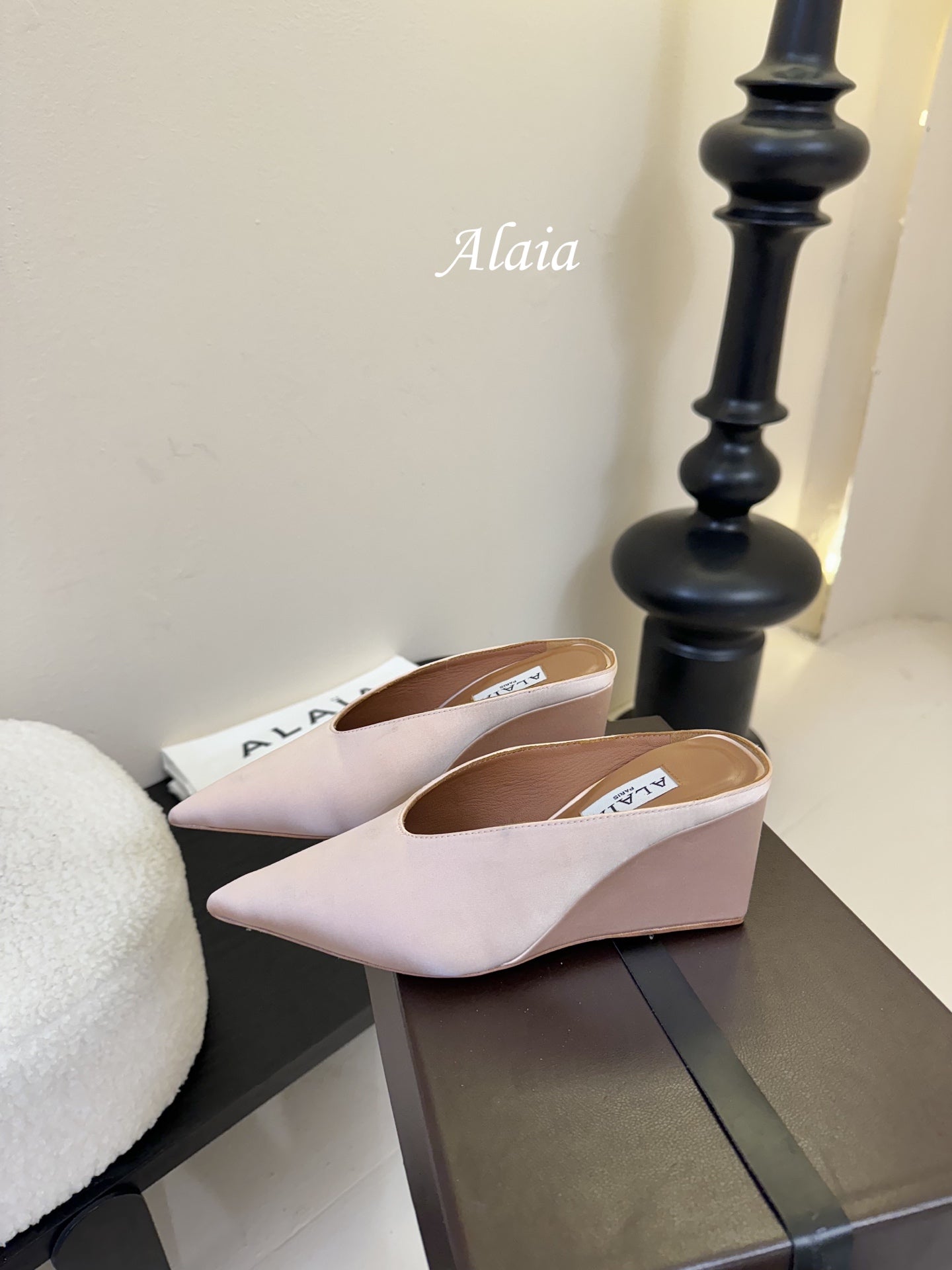 ALAIA HIGH MULES 25S IN BLUSH BEIGE SATIN