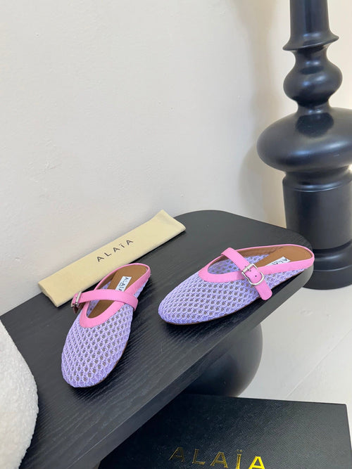 ALAIA FLAT MULES 25S IN PURPLE MIX PINK WOVEN MESH