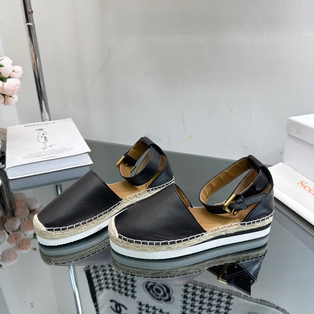 SEE BY ESPADRILLES SANDAL IN BLACK CALFSKIN AND WOVEN RAFFIA