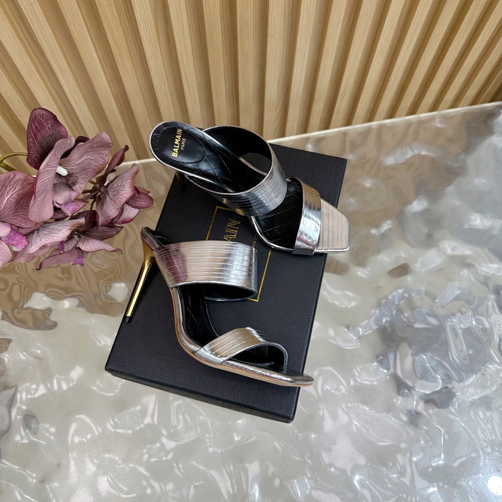 BALMAIN 25S MULES IN STRIPED LEATHER 95MM IN SILVER CALFSKIN