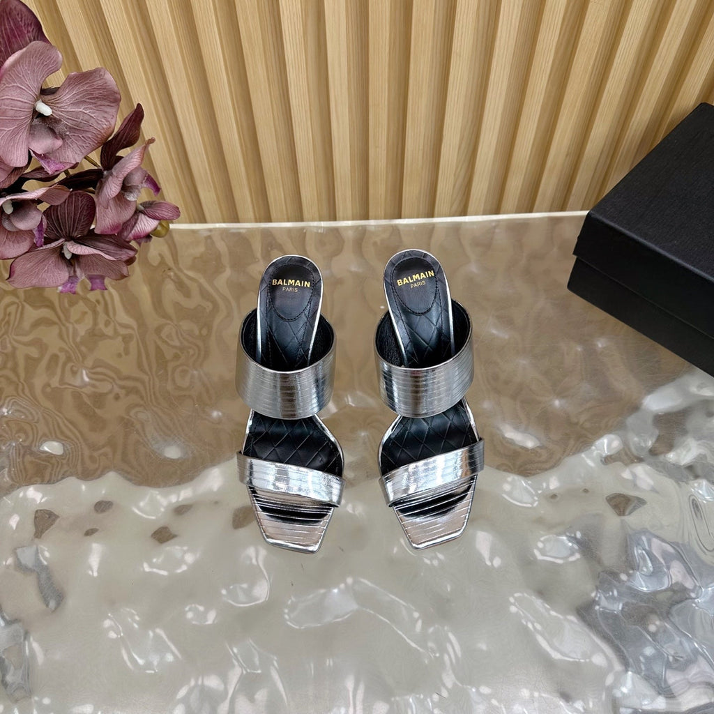 BALMAIN 25S MULES IN STRIPED LEATHER 95MM IN SILVER CALFSKIN