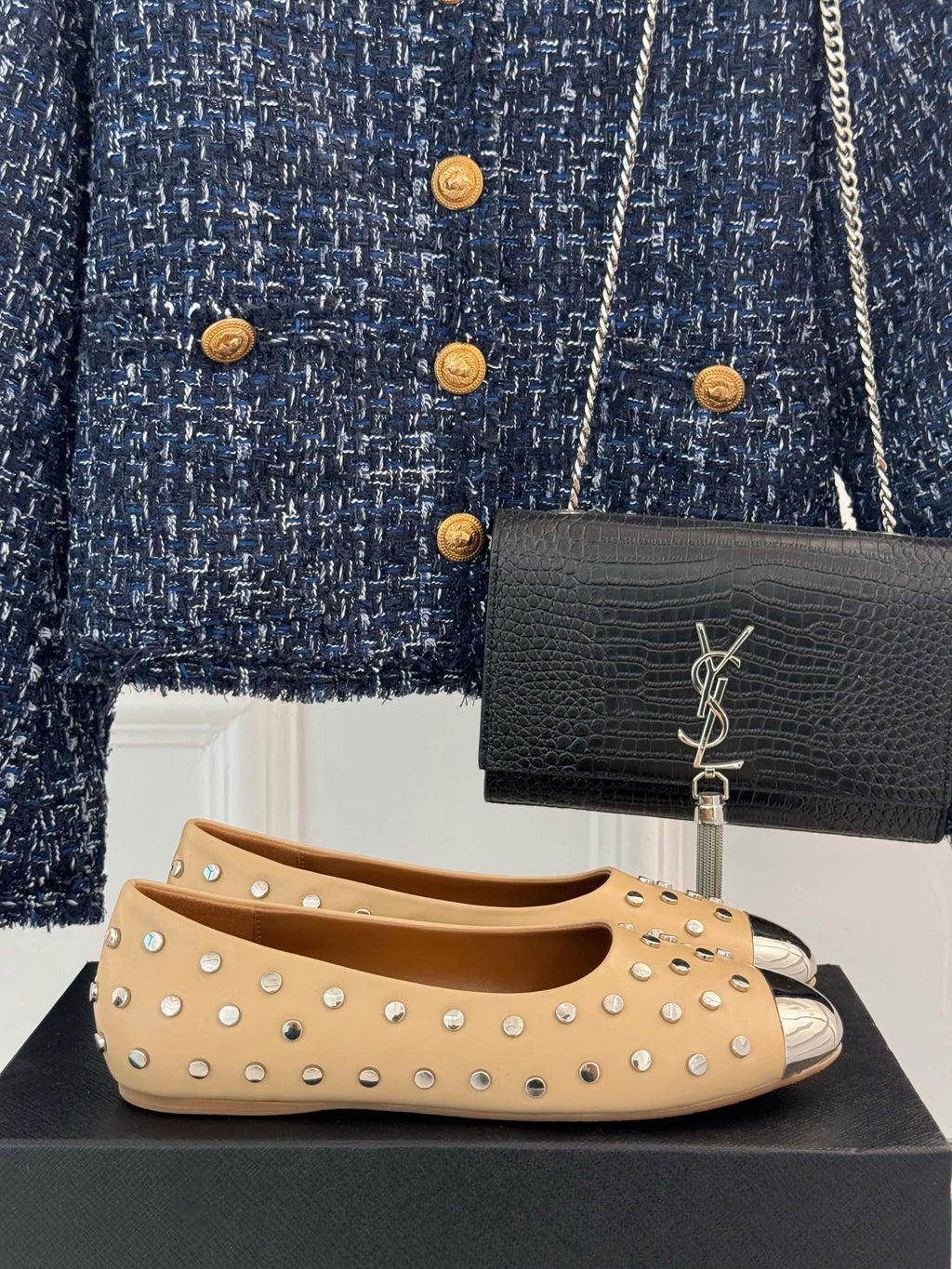 STUD-EMBELLISHED BALLET FLATS IN SEPIA TAN CALFSKIN