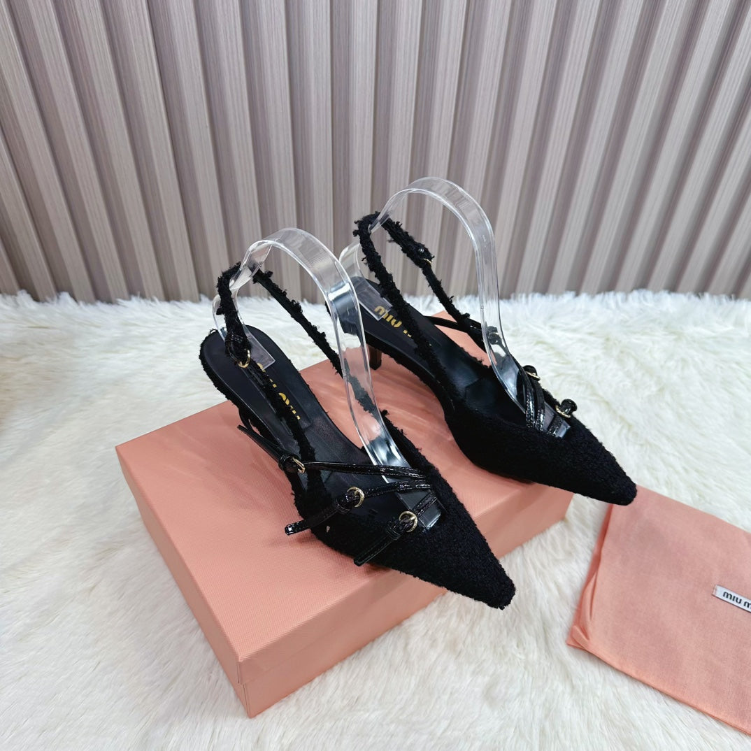 CROSS STRAP HIGH HEELED SLINGBACK IN BLACK TWEED