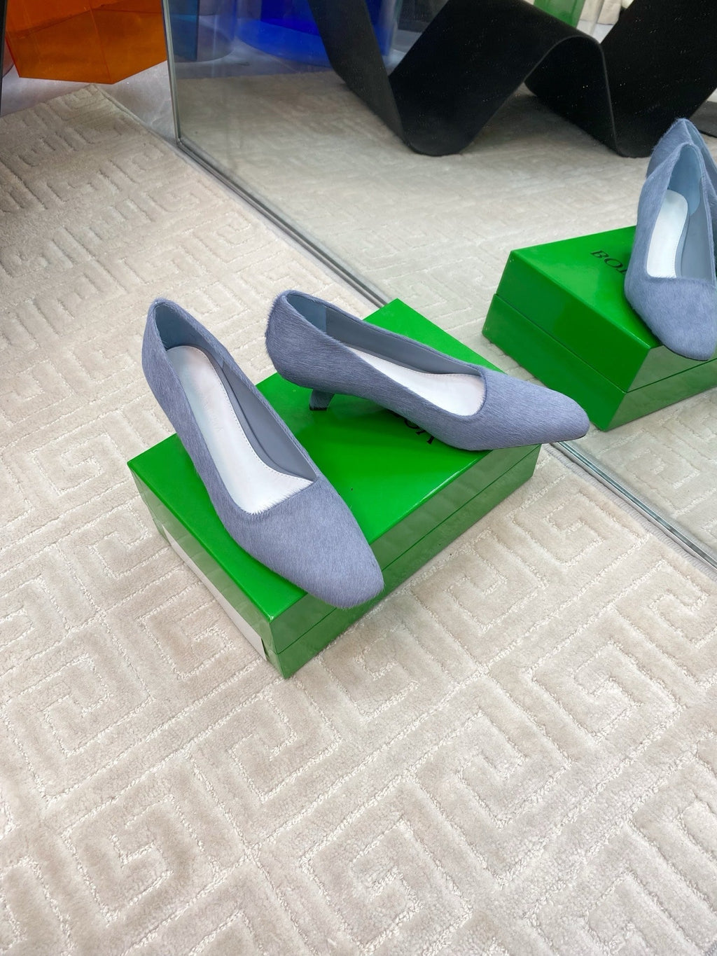 BOTTEGA VENETA BOOGIE JAGUAR-PRINTED CALF HAIR PUMPS 45 MM PIGEON BLUE