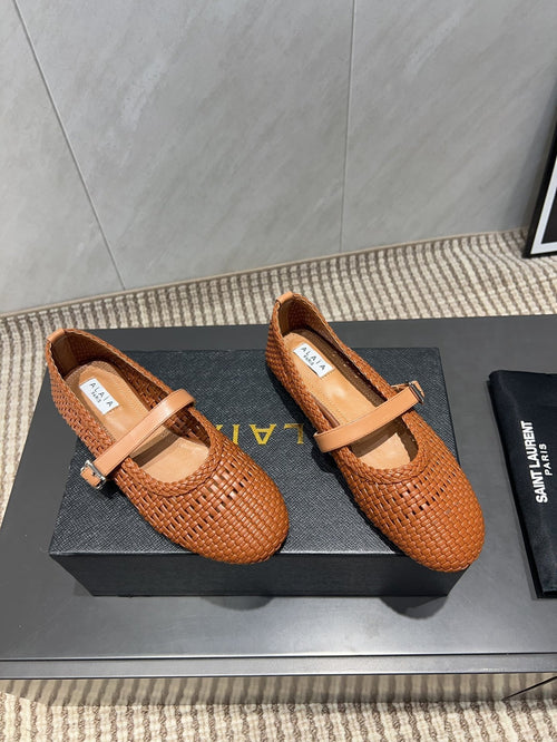 ALAIA MARY JANE FLATS WOVEN PATTERN 25S IN BURNT ORANGE CALFSKIN