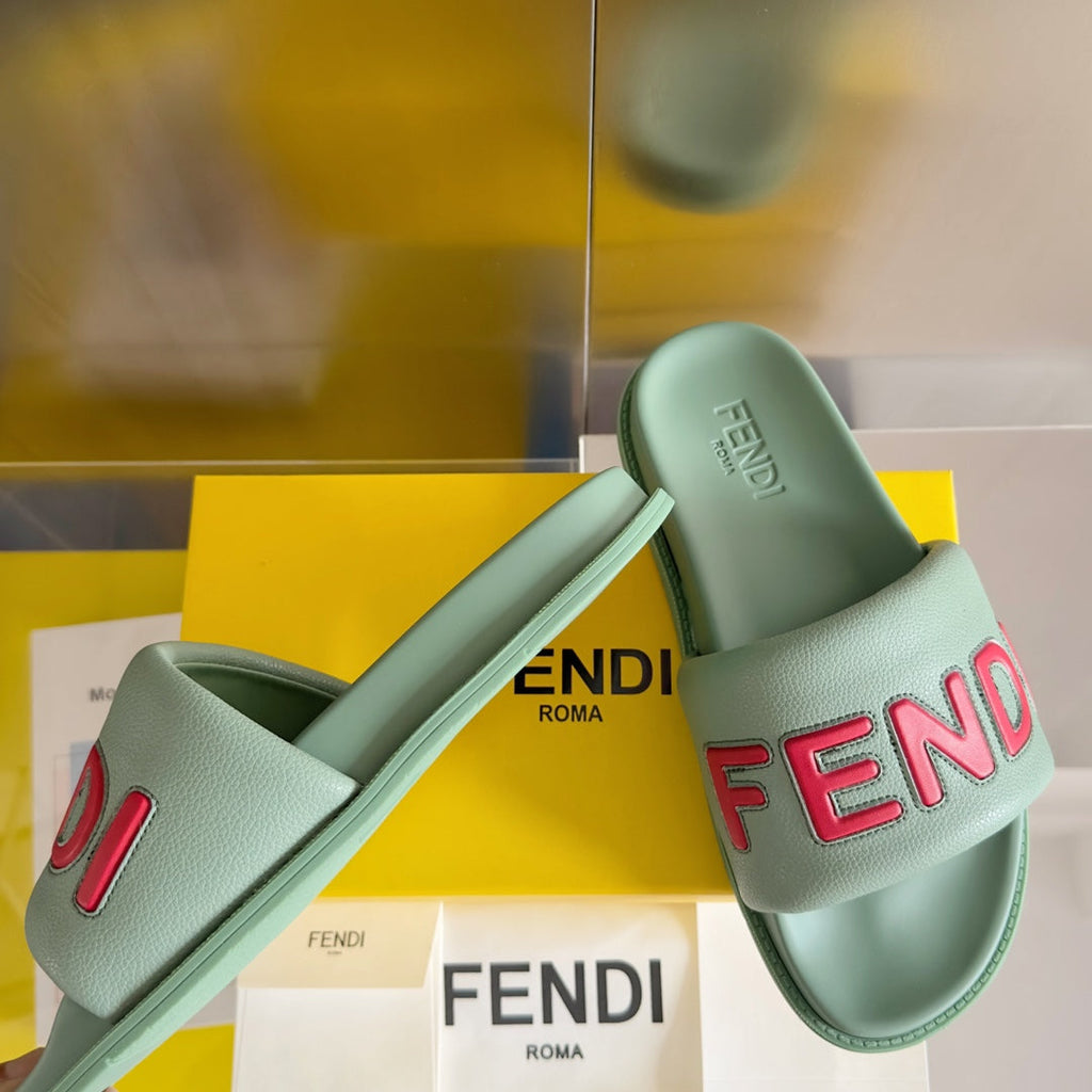 FENDI ROMA SLIDE IN SEAFOAM GREEN GRAINED CALFSKIN WITH RED LOGO