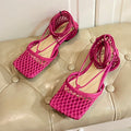 BOTTEGA VENETA STRETCH LACE-UP FLAT SANDAL IN BRIGHT PINK METALLIZED MESH AND LEATHER