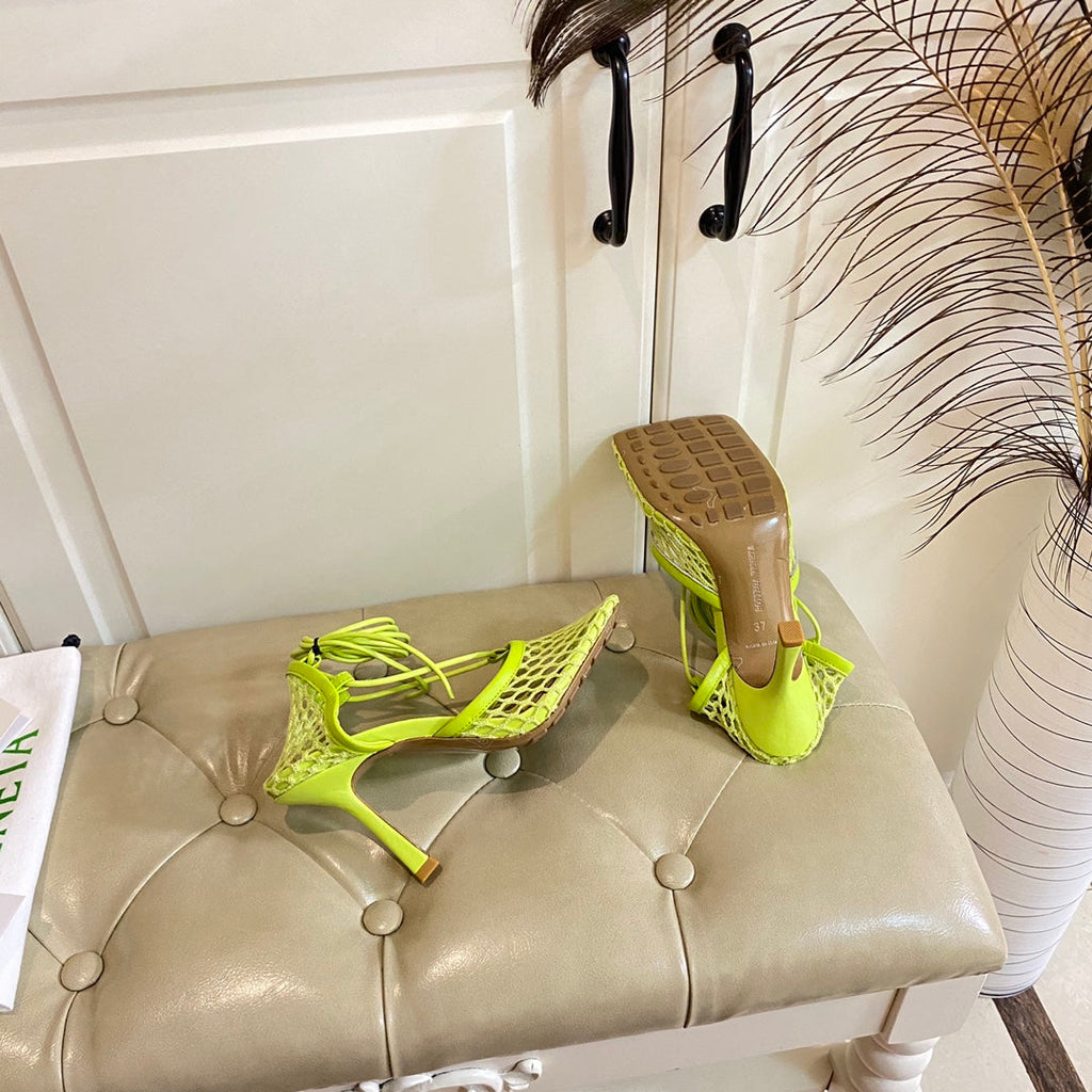 BOTTEGA VENETA STRETCH LACE-UP SANDAL IN NEON GREEN METALLIZED MESH AND LEATHER 9 CM