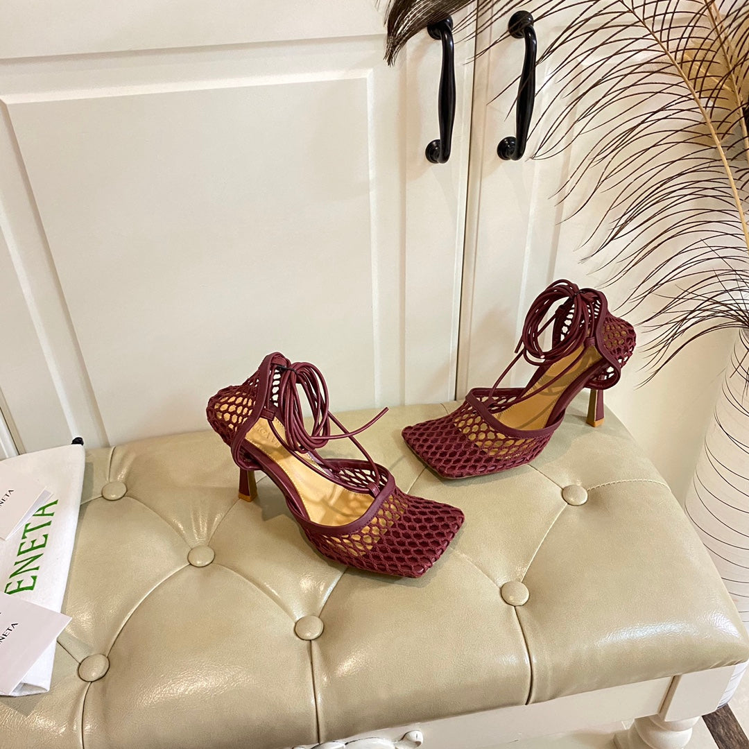BOTTEGA VENETA STRETCH LACE-UP SANDAL IN WINE RED METALLIZED MESH AND LEATHER 9 CM