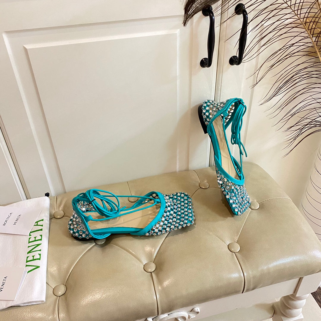 BOTTEGA VENETA LACE-UP FLAT SANDAL IN CERULEAN BLUE METALLIZED MESH AND LEATHER WITH RHINSTONES