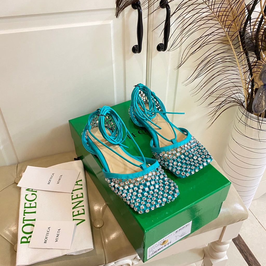 BOTTEGA VENETA LACE-UP FLAT SANDAL IN CERULEAN BLUE METALLIZED MESH AND LEATHER WITH RHINSTONES
