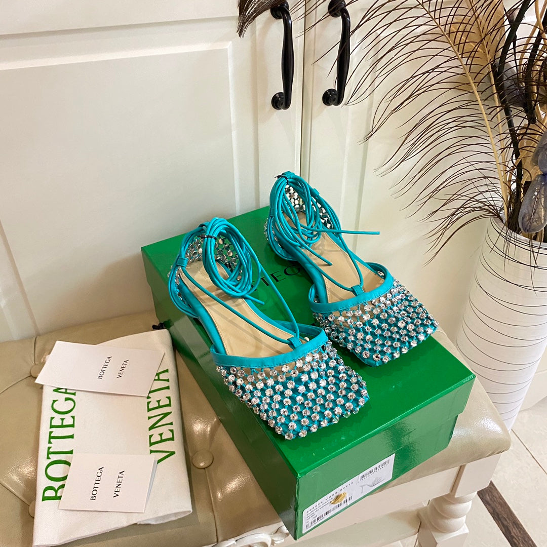 BOTTEGA VENETA LACE-UP FLAT SANDAL IN CERULEAN BLUE METALLIZED MESH AND LEATHER WITH RHINSTONES