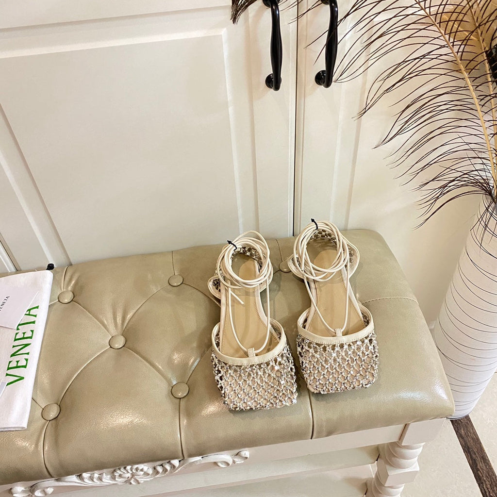 BOTTEGA VENETA LACE-UP FLAT SANDAL IN WHITE CREAM METALLIZED MESH AND LEATHER WITH RHINSTONES