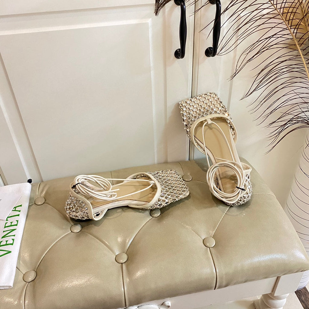 BOTTEGA VENETA LACE-UP FLAT SANDAL IN WHITE CREAM METALLIZED MESH AND LEATHER WITH RHINSTONES