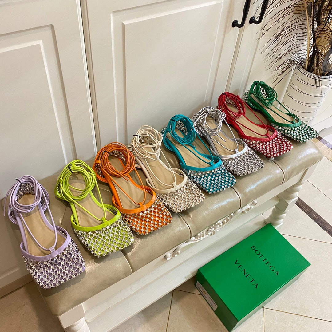 BOTTEGA VENETA LACE-UP FLAT SANDAL IN COOL GREEN METALLIZED MESH AND LEATHER WITH RHINSTONES