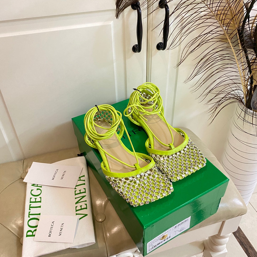 BOTTEGA VENETA LACE-UP FLAT SANDAL IN NEON YELLOW METALLIZED MESH AND LEATHER WITH RHINSTONES