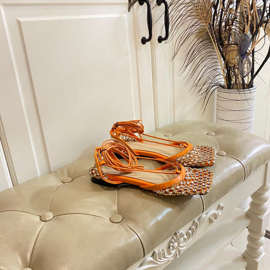 BOTTEGA VENETA LACE-UP FLAT SANDAL IN VIVID ORANGE METALLIZED MESH AND LEATHER WITH RHINSTONES