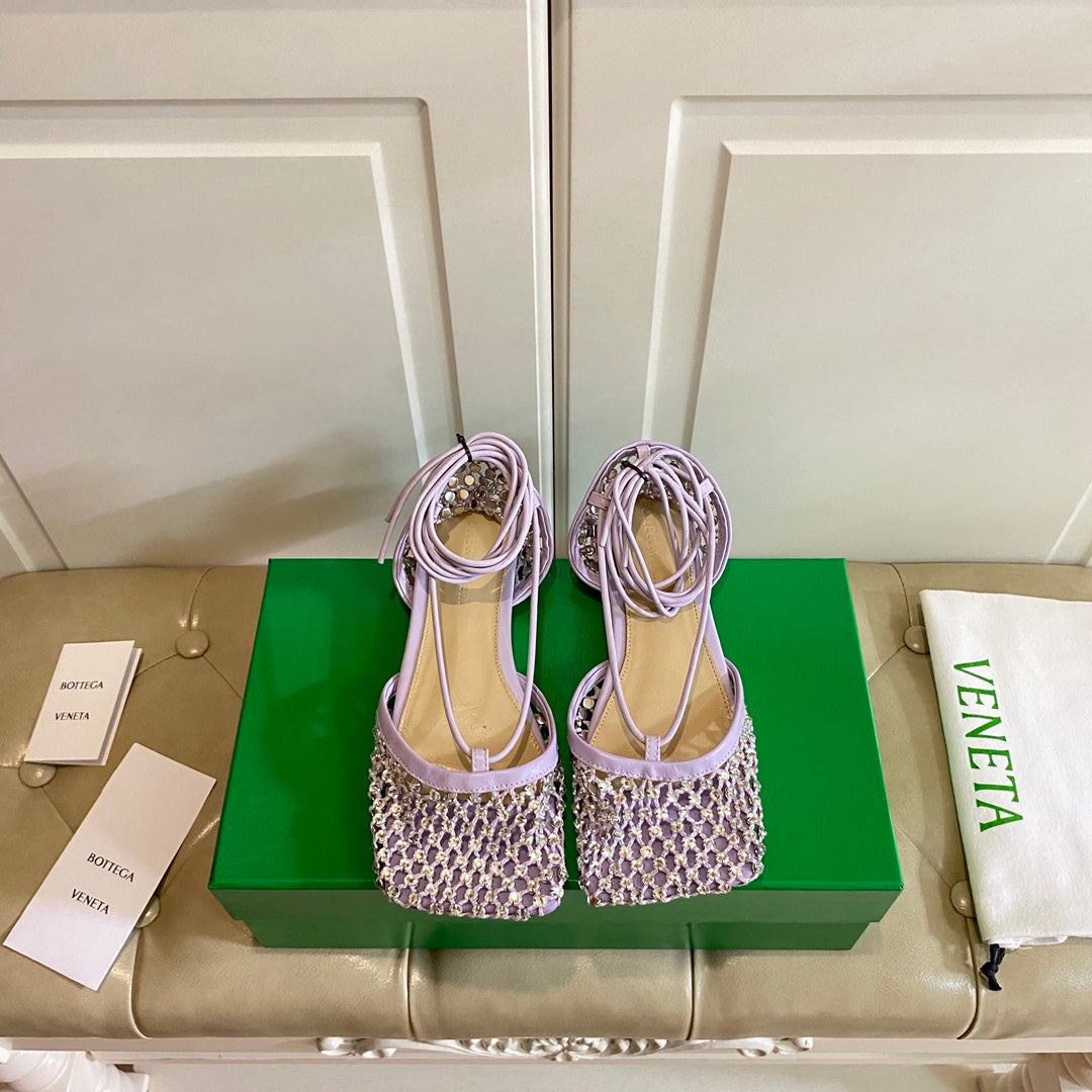 BOTTEGA VENETA LACE-UP FLAT SANDAL IN LIGHT PURPLE METALLIZED MESH AND LEATHER WITH RHINSTONES