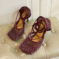 BOTTEGA VENETA LACE-UP SANDAL IN SANGRIA RED METALLIZED MESH AND LEATHER WITH RHINSTONES 9 CM