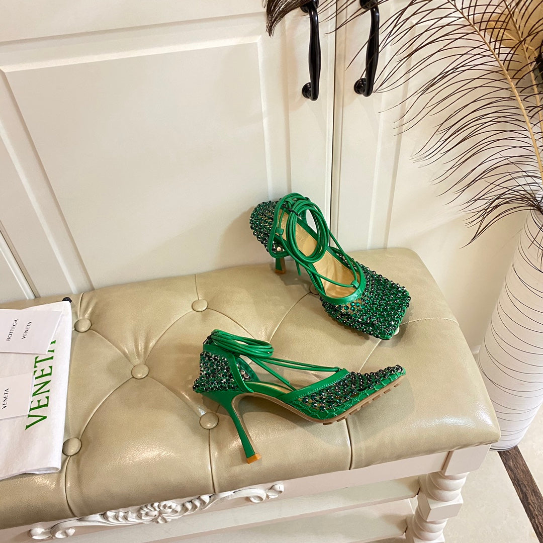 BOTTEGA VENETA LACE-UP SANDAL IN COOL GREEN METALLIZED MESH AND LEATHER WITH RHINSTONES 9 CM