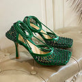 BOTTEGA VENETA LACE-UP SANDAL IN COOL GREEN METALLIZED MESH AND LEATHER WITH RHINSTONES 9 CM