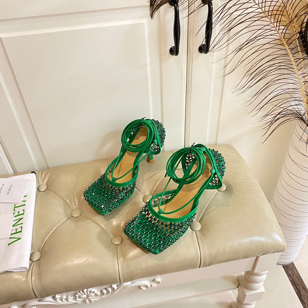 BOTTEGA VENETA LACE-UP SANDAL IN COOL GREEN METALLIZED MESH AND LEATHER WITH RHINSTONES 9 CM