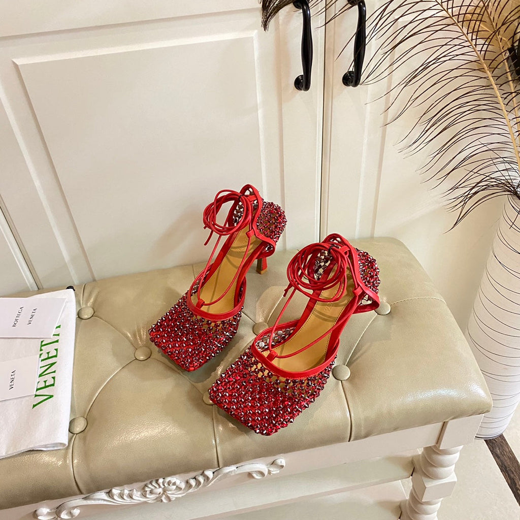 BOTTEGA VENETA LACE-UP SANDAL IN CRIMSON RED METALLIZED MESH AND LEATHER WITH RHINSTONES 9 CM