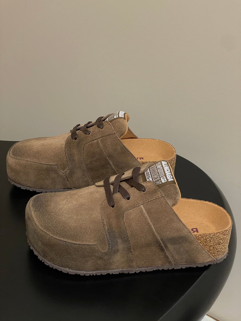 BALENCIAGA 25S MULES BIRKENSTOCK IN CARAMEL BROWN SUEDE