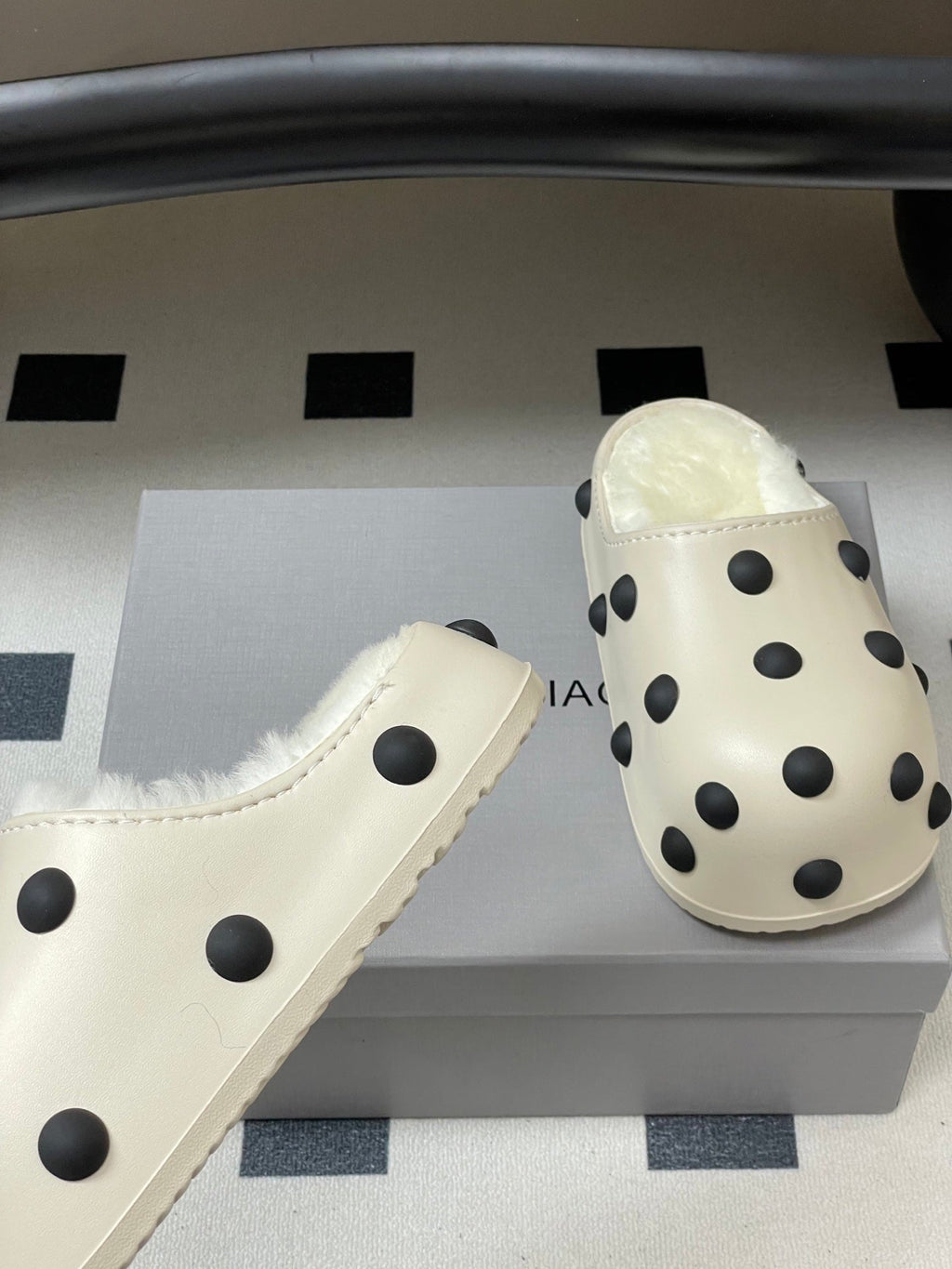 BALENCIAGA 25S FUR-LINED MULES IN WHITE FAUX LEATHER