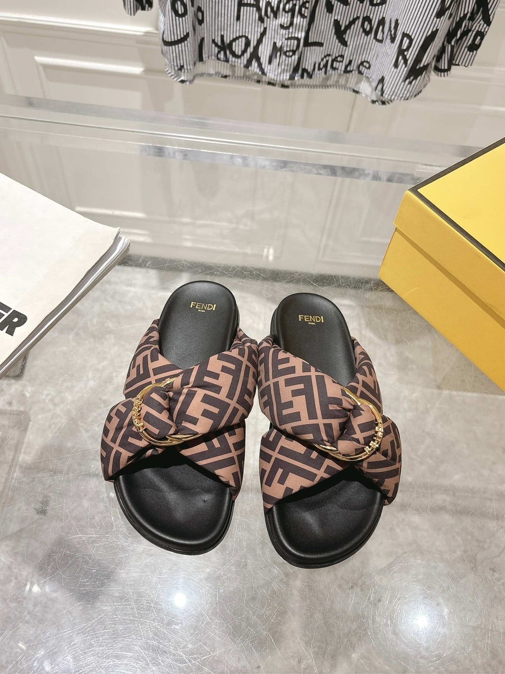 FF KNOT SLIDE SANDALS IN BROWN FABRIC