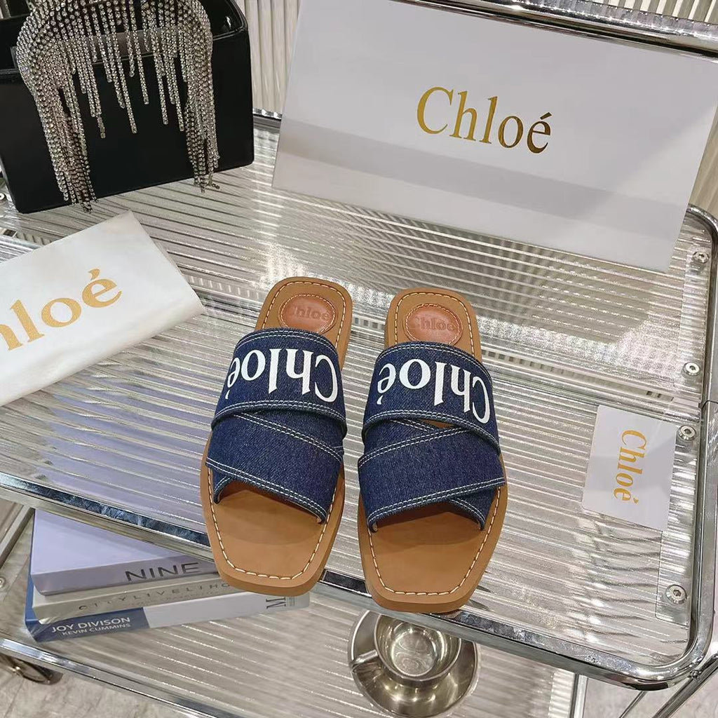 WOODY MULE IN NAVY BLUE DENIM WITH WHITE LOGO