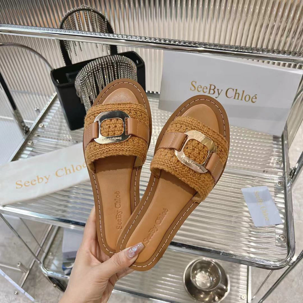WOVEN SLIDE MULE IN RUSSET BROWN WOOL AND LAMBSKIN GOLD HARDWARE