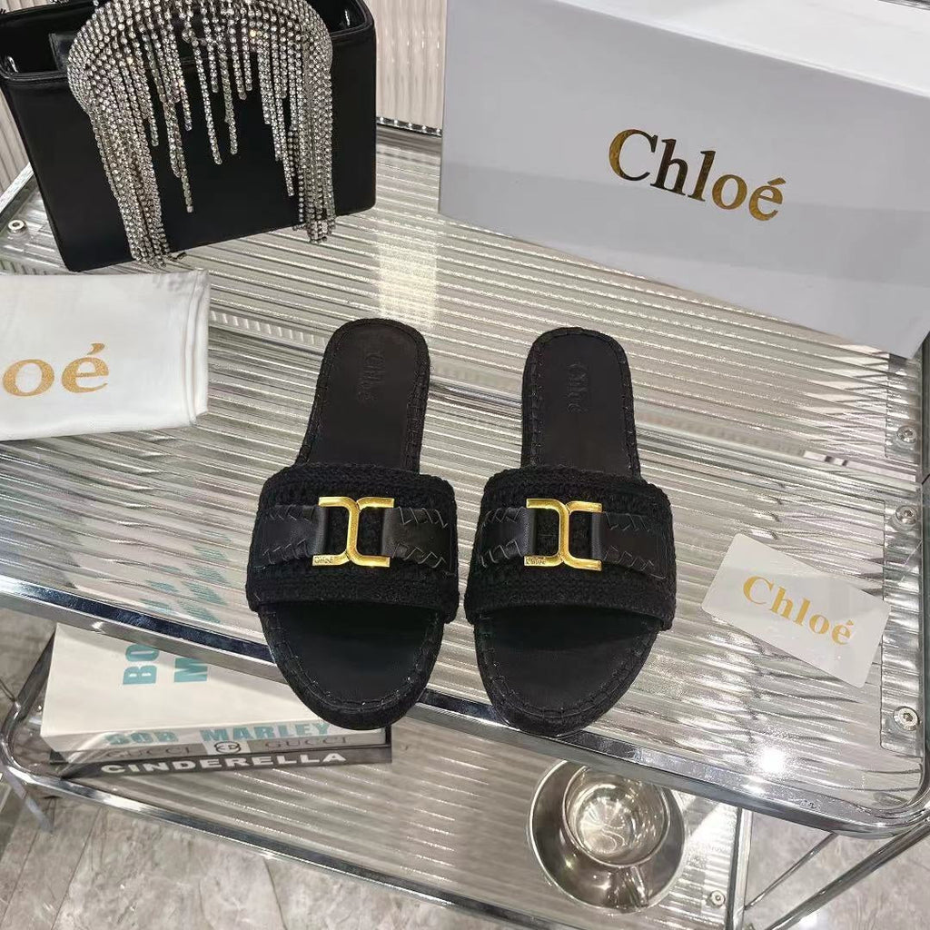 WOVEN SLIPPER IN BLACK WOOL AND LAMBSKIN GOLD HARDWARE