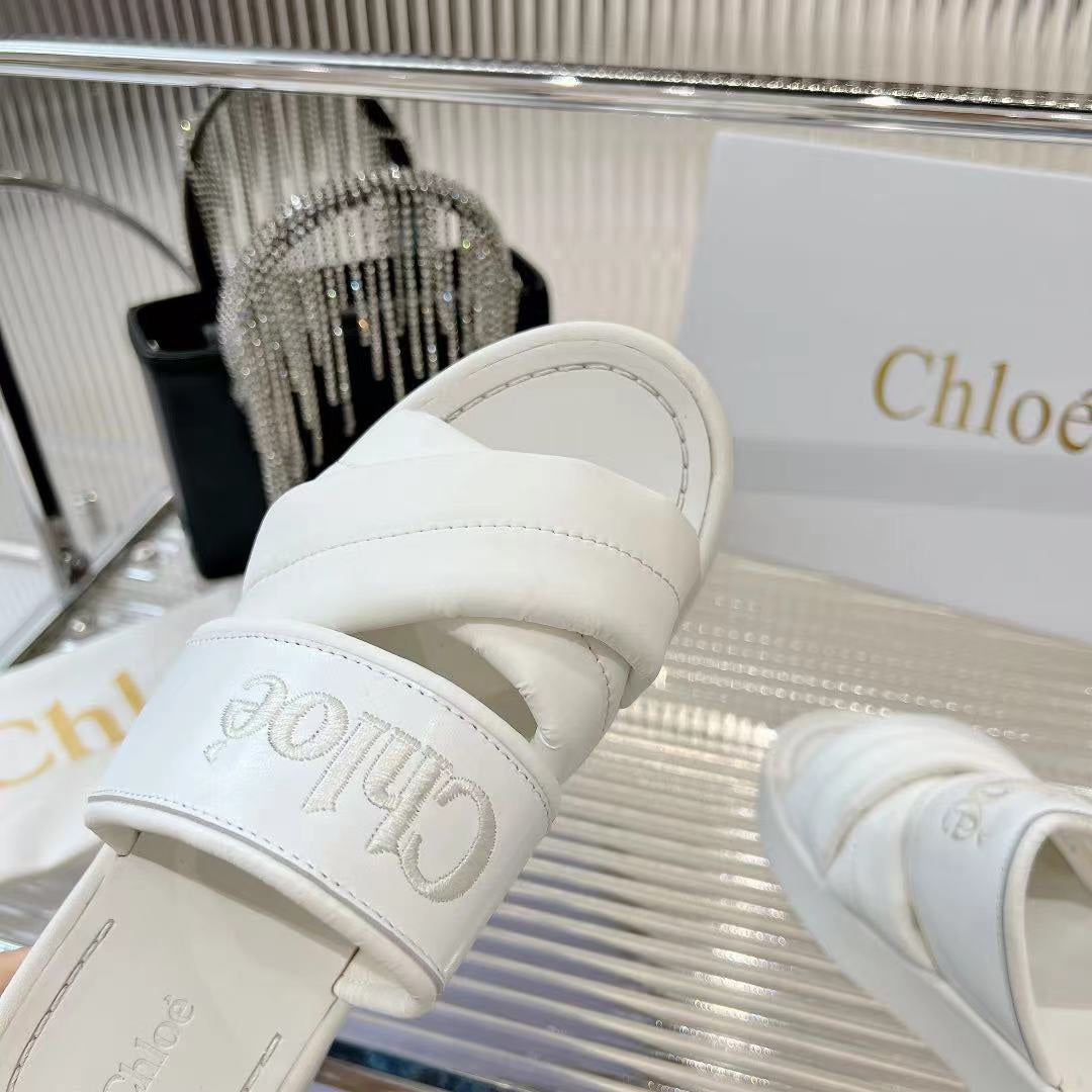 MILA FLAT SLIDES 5 CM IN WHITE CALFSKIN AND RE-NYLON