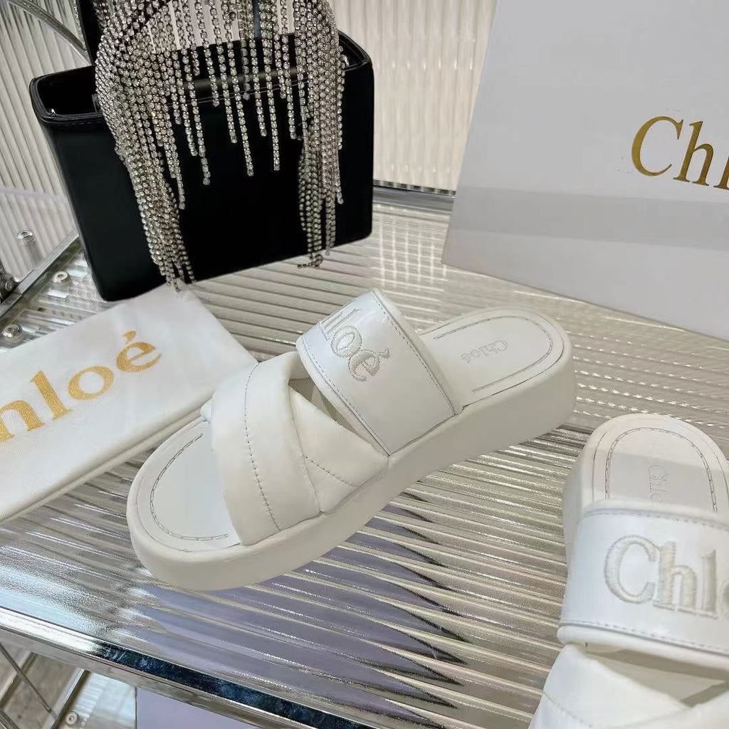 MILA FLAT SLIDES 5 CM IN WHITE CALFSKIN AND RE-NYLON