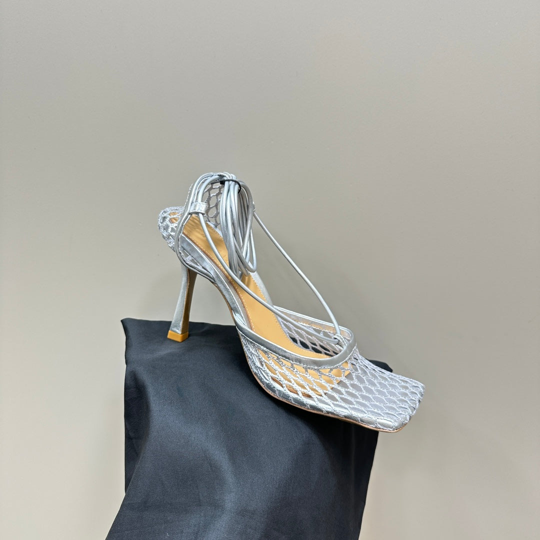 BOTTEGA VENETA STRETCH HIGH HEELS 9 CM IN SILVER METALLIZE MESH AND LEATHER
