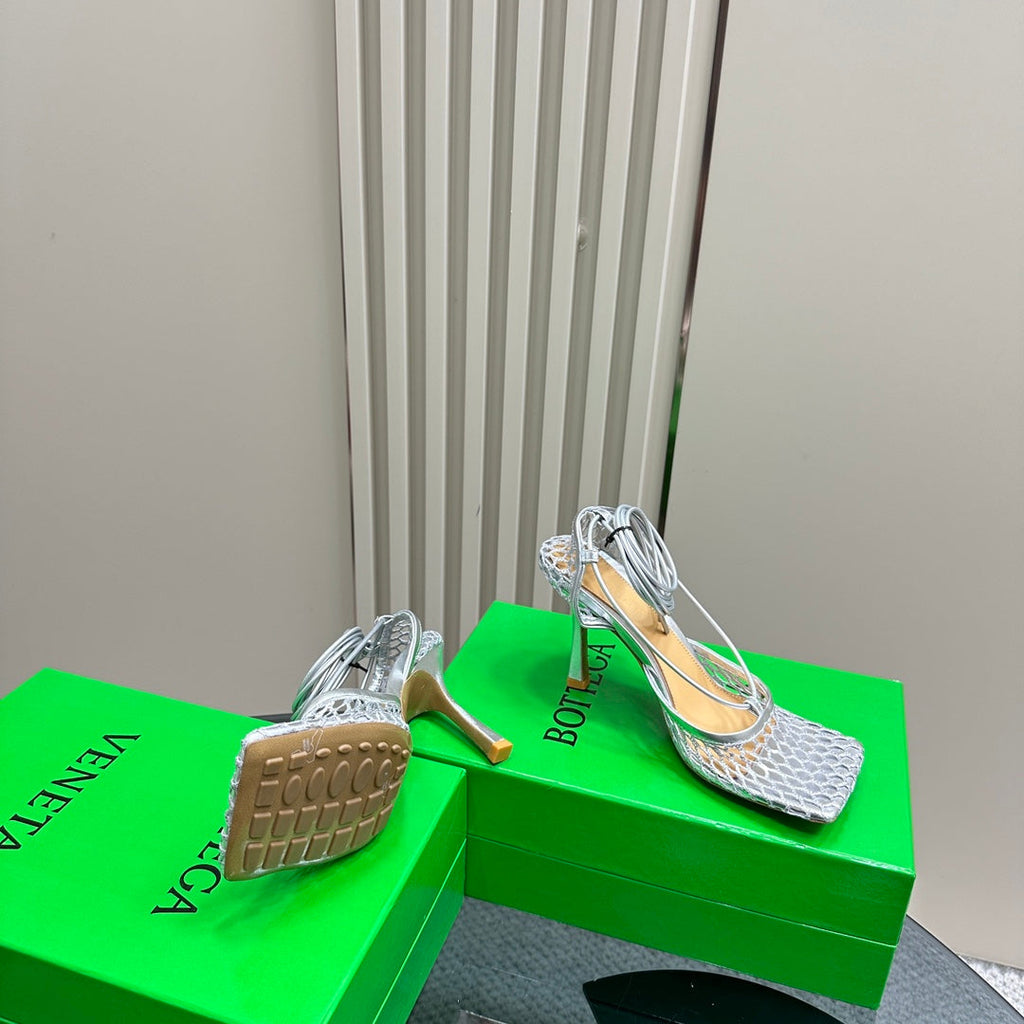BOTTEGA VENETA STRETCH HIGH HEELS 9 CM IN SILVER METALLIZE MESH AND LEATHER